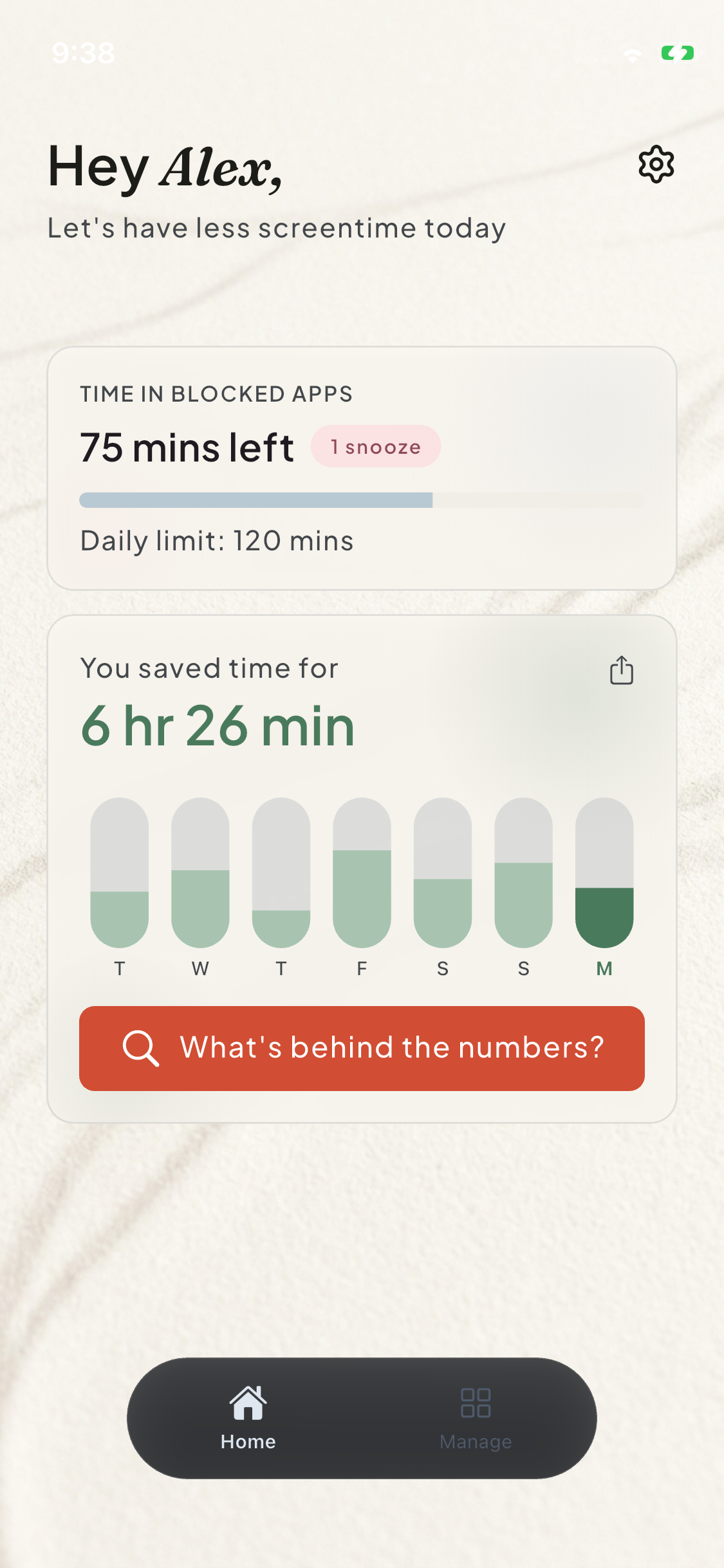 Kaizen Focus home screen showing daily time limit and time saved this week