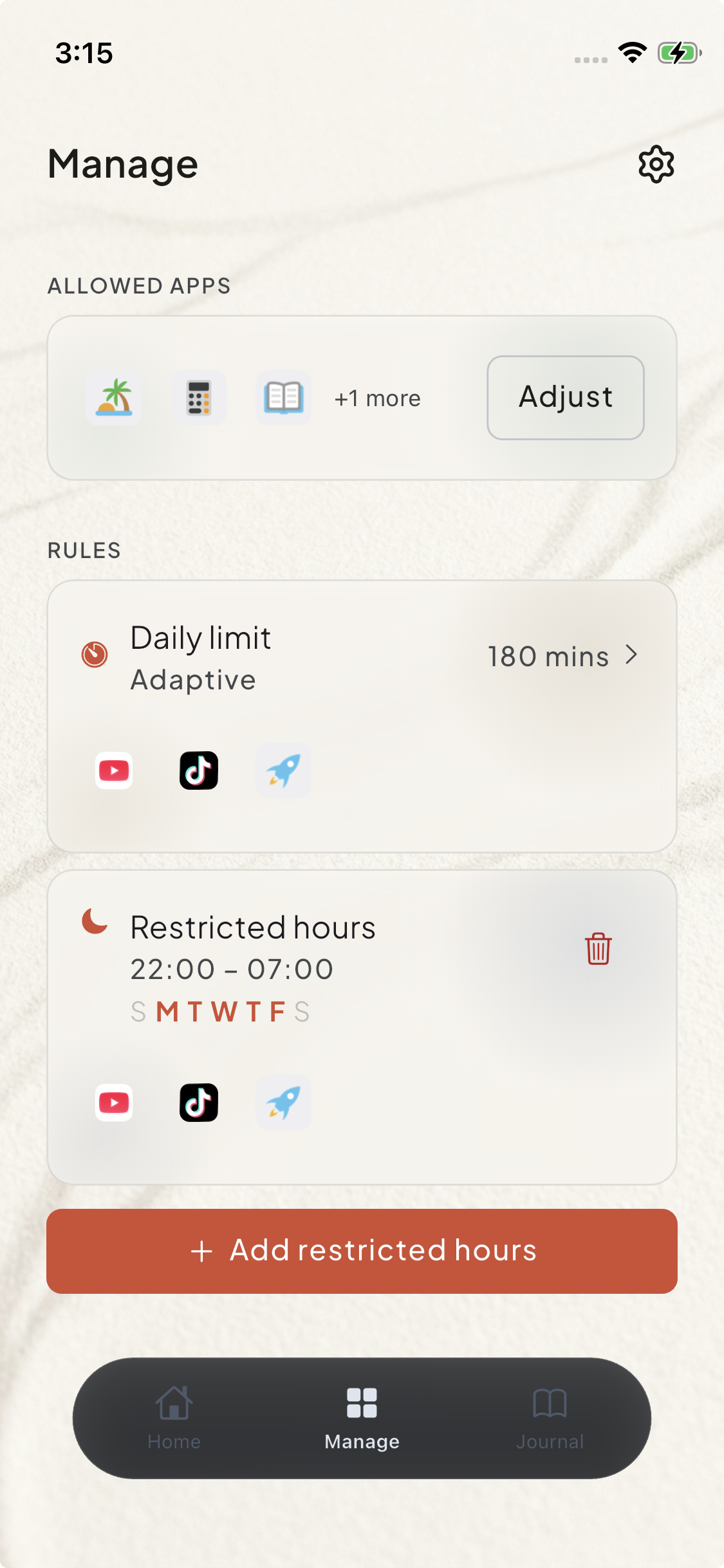 Manage screen showing adaptive daily limit with blocked apps